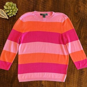 Lauren Ralph Lauren | Striped Knit Sweater, Pink & Orange Striped, Size PS